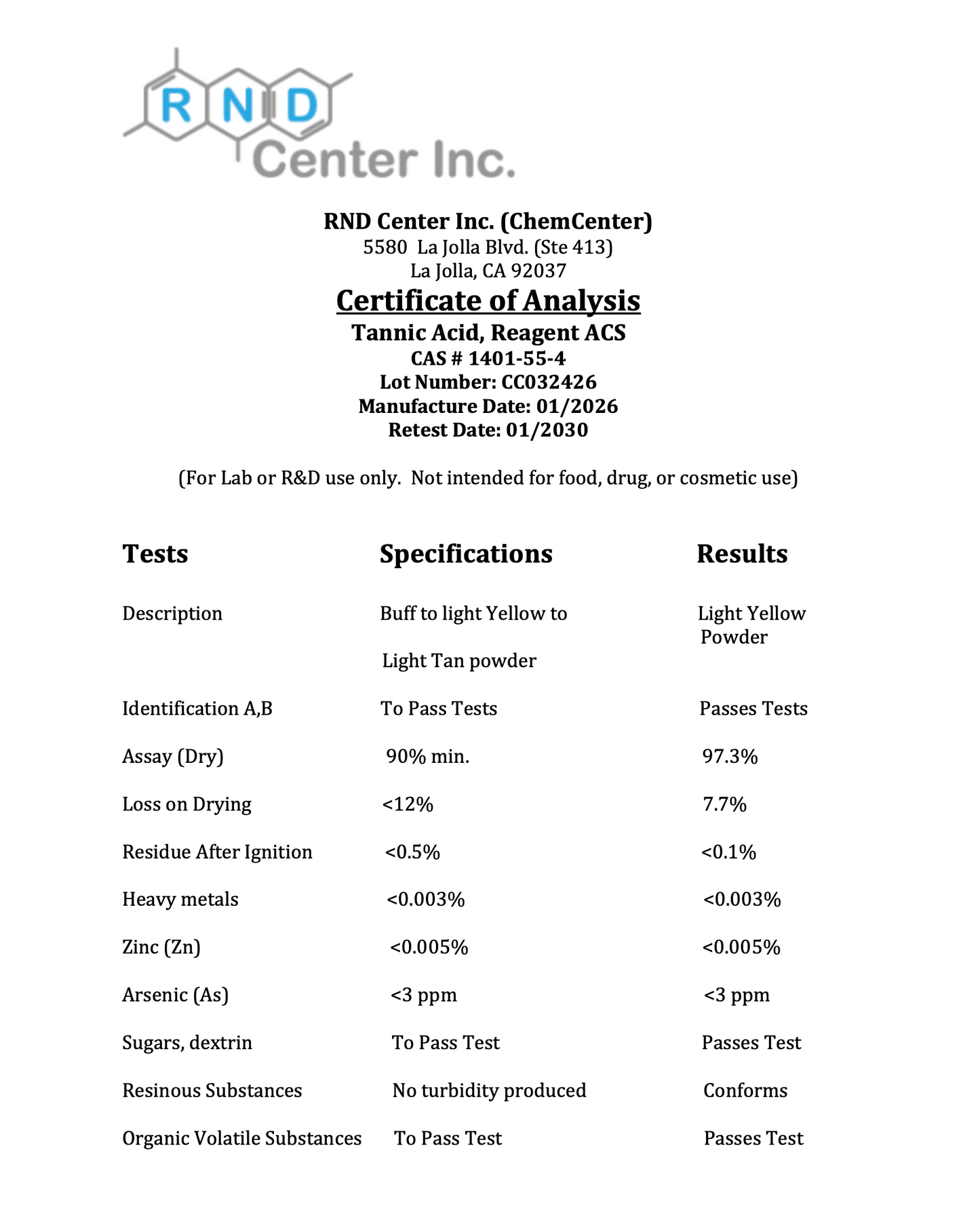 Tannic Acid, Reagent ACS, 100 grams