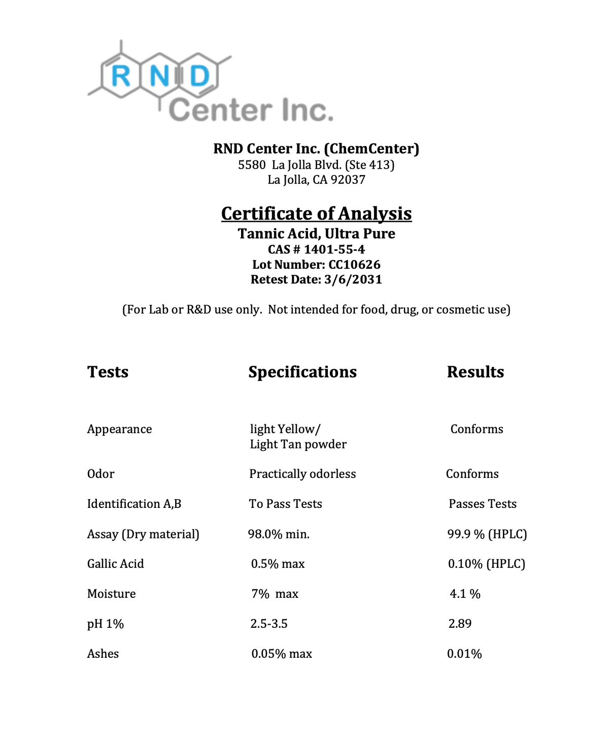 Tannic Acid, Ultra Pure, Powder, 99.9%, 100 grams